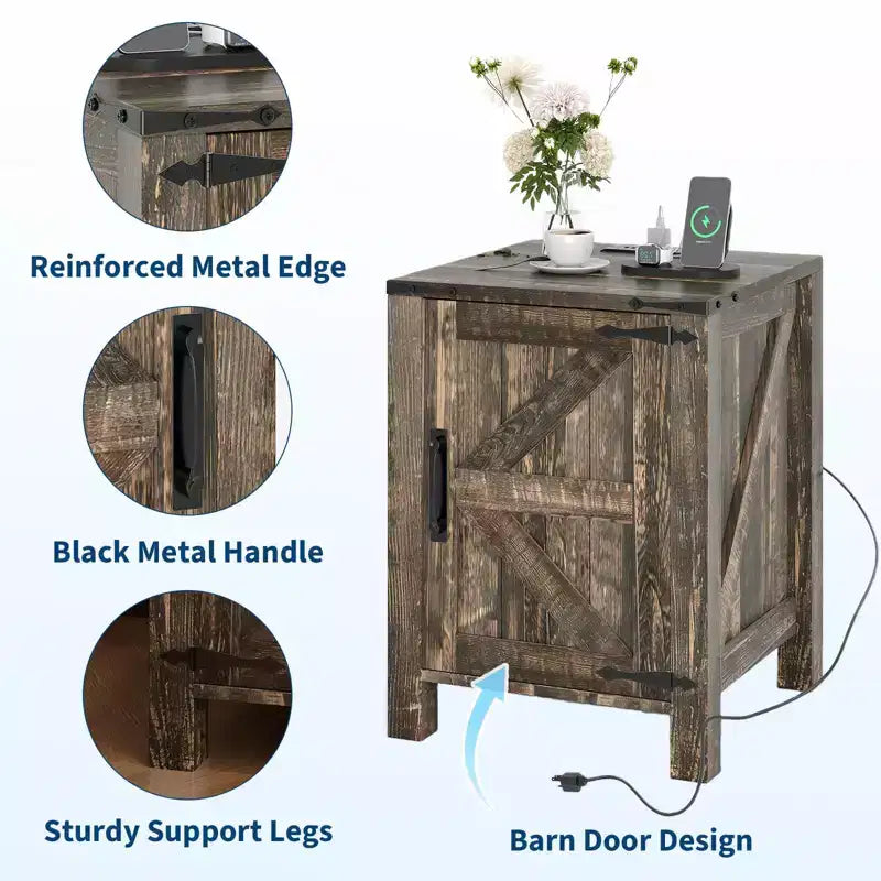 Lot de 2 tables de chevet de ferme avec station de recharge, table de nuit rustique avec porte de grange et étagère réglable, petite table d'appoint pour chambre et salon.