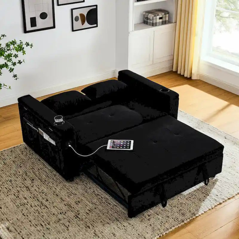 54 Pull-Out Sleeper Sofa Bed, 2 Seat Recliner Sofa Bed with Storage, Lumbar Pillow, USB Power Outlet