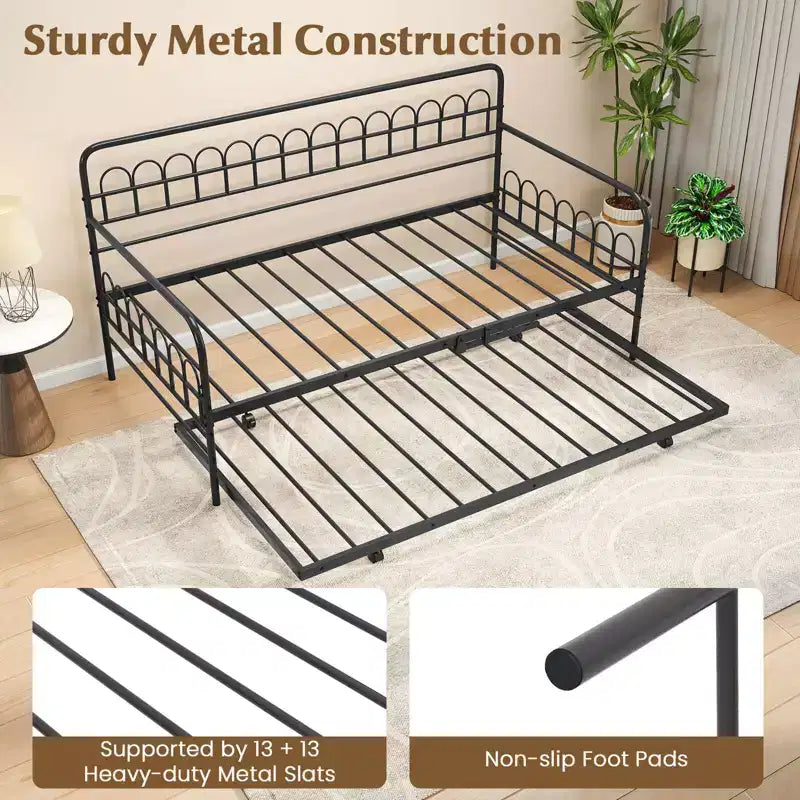 Costway Twin Daybed with Trundle Curved Backrest & Armrests Heavy-duty Metal Slats Black/Gold