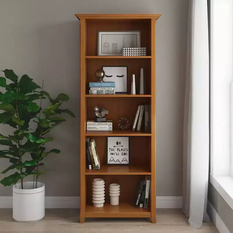 70 Five-Shelf Solid Wood Bookcase - Lacquered Pine, 4 Adjustable Shelves