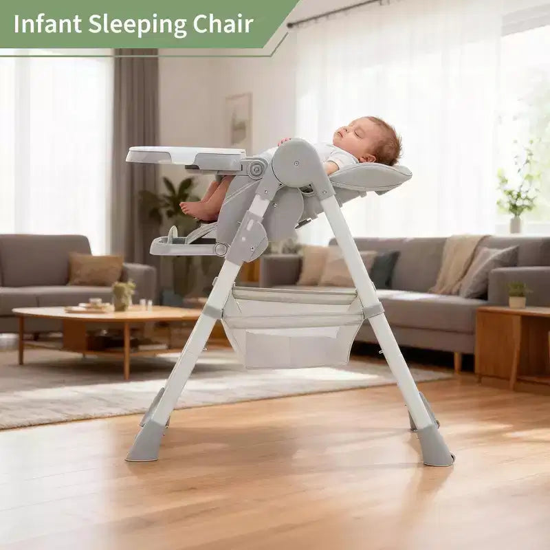 Foldable High Chair for Babies&Toddlers,PU Leather Highchair with Adjustable Backrest,Seat Height,Removable Tray,5-Point Safety Harness&Locking Wheels