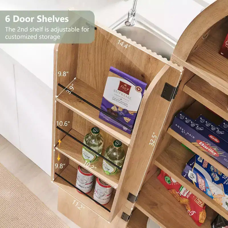 71 Tall Arched Kitchen Pantry, Modern Storage Cabinet with 3 Adjustable Shelves, 6 Door Shelves, for Kitchen, Living Room
