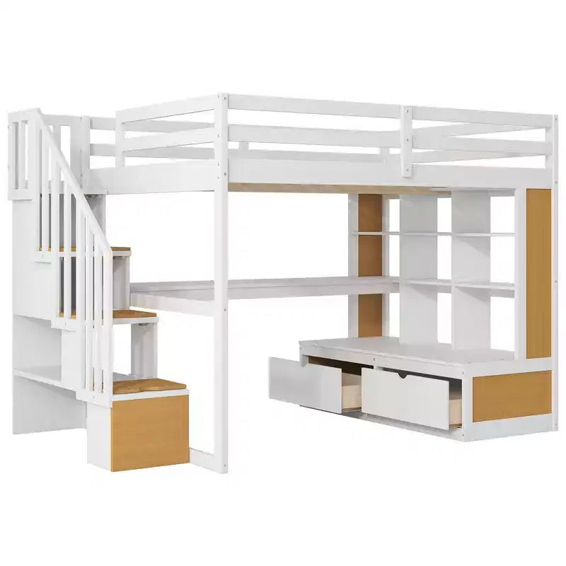 Full Size Loft Bed with Stairs and Desk, Wood Loft Beds Frame with Storage Drawers and Bookcase Shelves for Adults Teens Kids