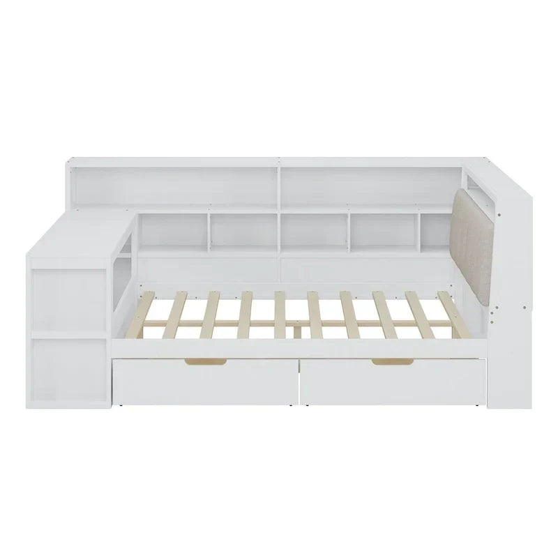 L-shaped Wooden Sofa Daybed with Desk, Bookcase Cabinet, Corner Bed with Under-bed Drawers, Upholstered Headboard Built-in Light