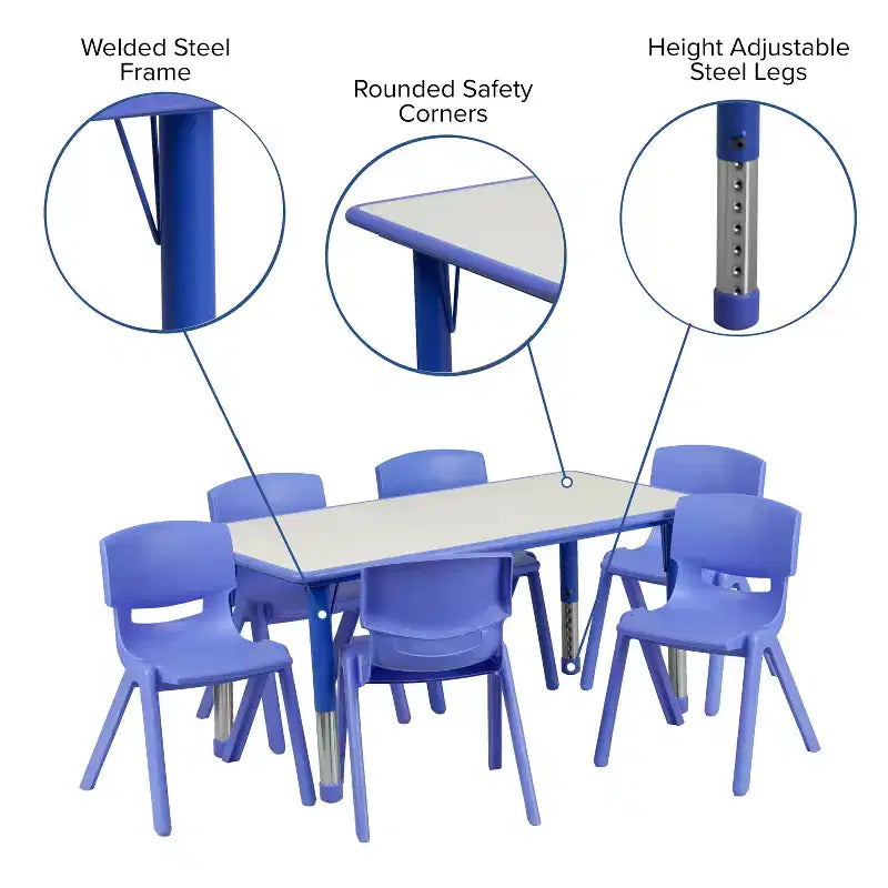 Emma and Oliver 23.625W x 47.25L Rectangular Plastic Height Adjustable Activity Table Set with 6 Chairs