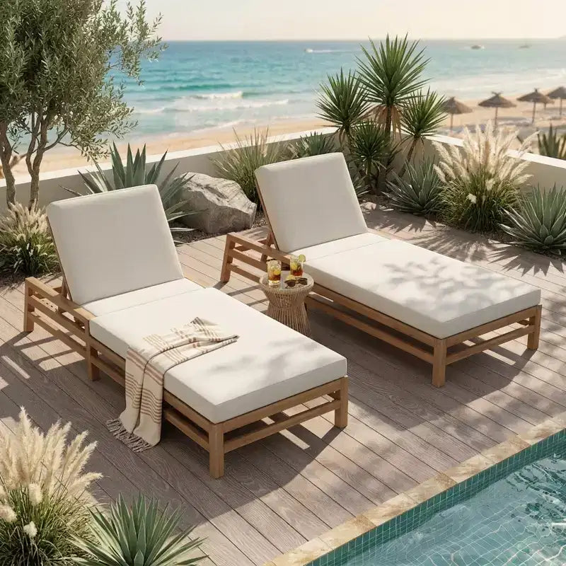 Merax 5-Position Acacia Outdoor Chaise Lounge with Thick Cushions