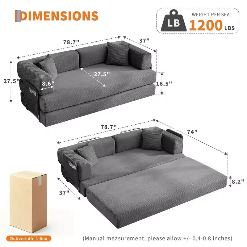 Modern 79 Corduroy Futon Sofa Bed for Small Spaces, 5-in-1 Convertible Sleeper Couch with Removable Armrests & Pillows