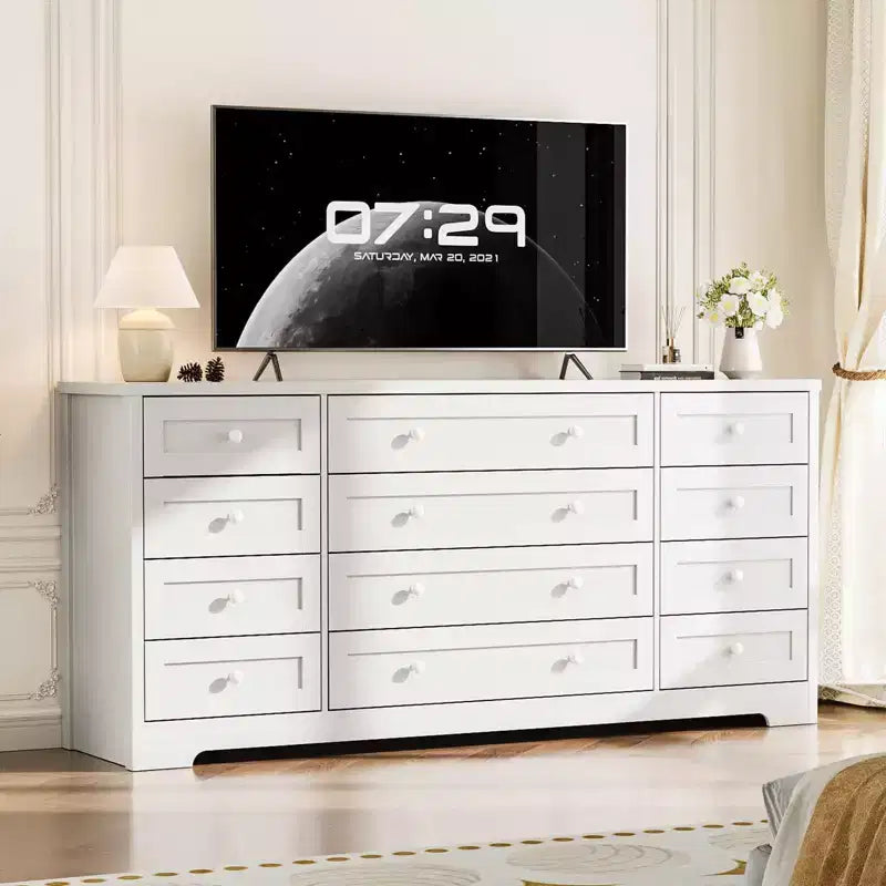 12 Drawers Dresser for Bedroom Wooden, Modern Wide TV Stand Dressers for 65 Inch TV, Wood Chest of Drawers, Farmhouse Clothes Storage for Living Room
