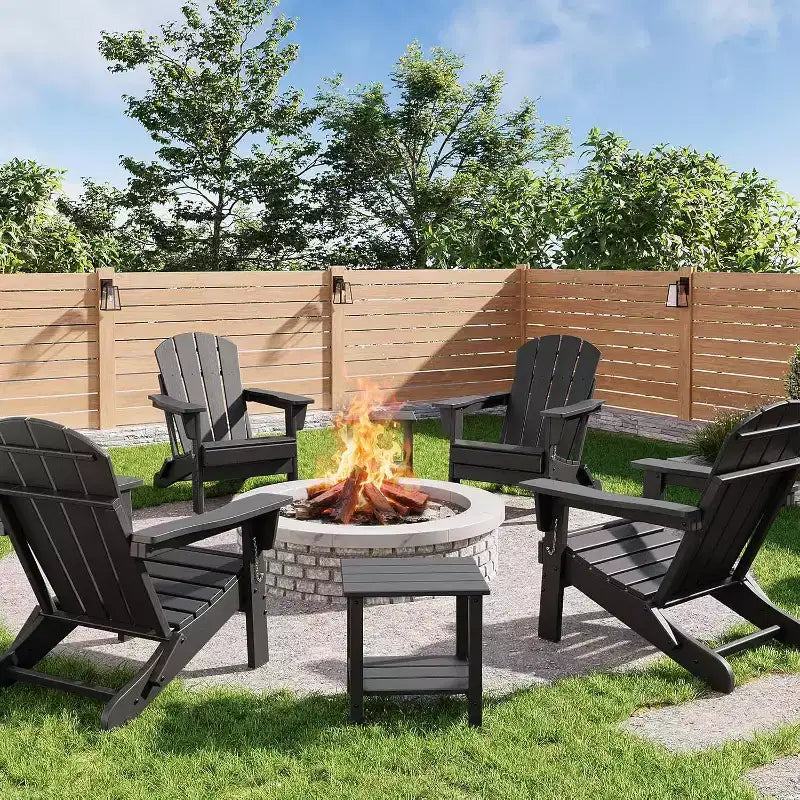 Folding Adirondack Chairs Set of 2 with Side Table, HDPE Plastic Wood Texture, 380lbs Capacity,Weather Resistant Outdoor Set for Patio, Deck,Fire Pit