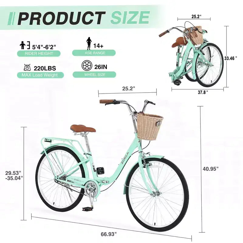 NAYSAYE 26 Inch Single Speed Folding Lady Bike Durable Steel Frame for Easy Storage and Commuting, Green, 66.93*25.2*40.95