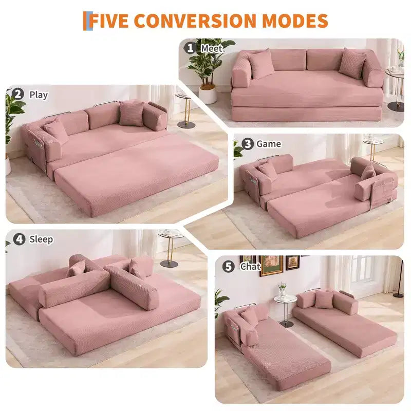 Modern 79 Corduroy Futon Sofa Bed for Small Spaces, 5-in-1 Convertible Sleeper Couch with Removable Armrests & Pillows