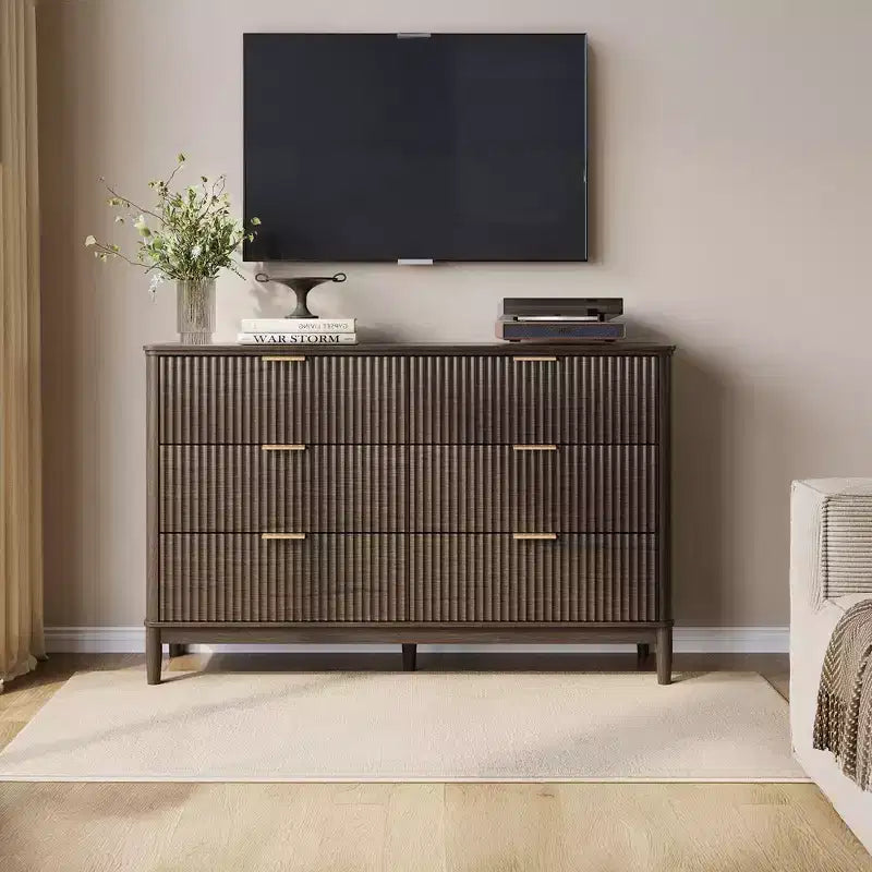 LINSY HOME Fluted 6 Drawer Dresser for Bedroom, Mid Century Modern Large Chest of Drawers with Gold Metal Handles, Wide Boho Wood Dressers