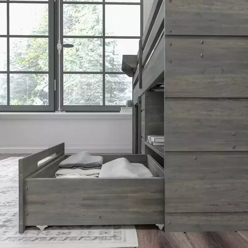 Max & Lily Modern Farmhouse Low Loft Bed with Storage Drawer, Solid Wood Bed for Kids