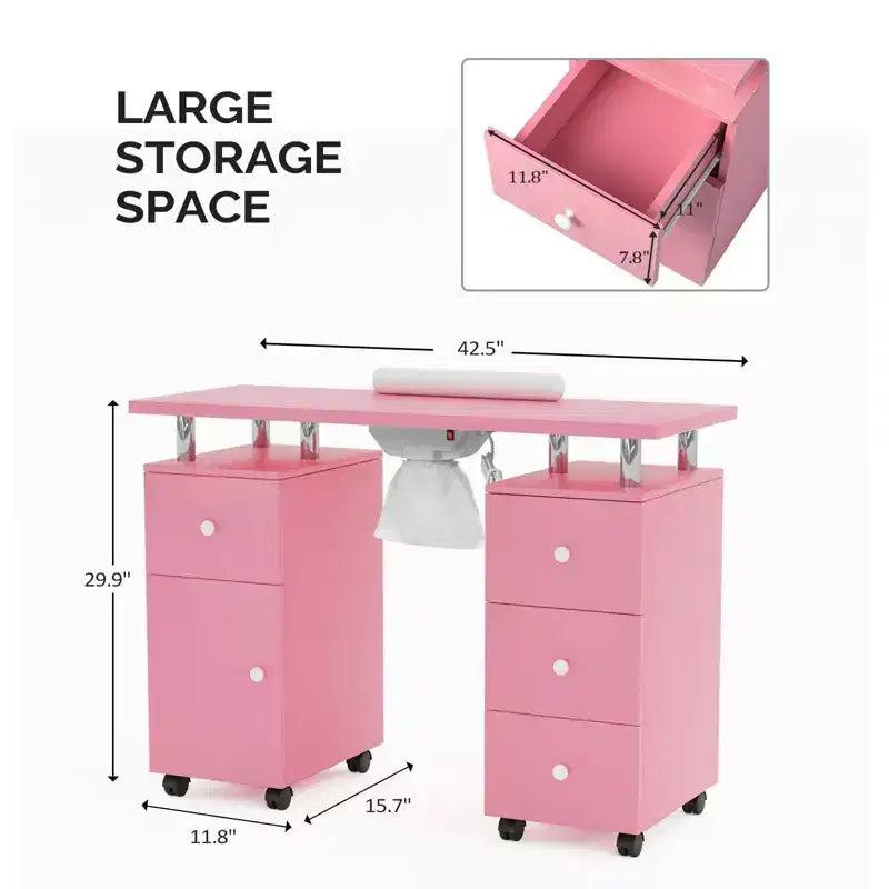 42.5 in. White MDF 3-Drawer Manicure Table Nail Desk with Storage, Doors, Electric Dust Collector