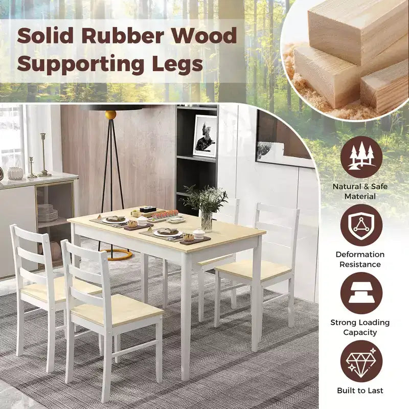Costway 5-Piece Dining Set Solid Wood Kitchen Furniture with Rectangular Table & 4 Chairs Natural/Coffee/Grey