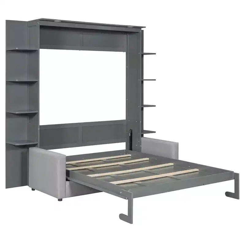 Queen Murphy Bed Wall Bed with Sofa, Queen Size Cabinet Bed Folding Wall Bed with Bookshelf and Shelves for Guest Room Office