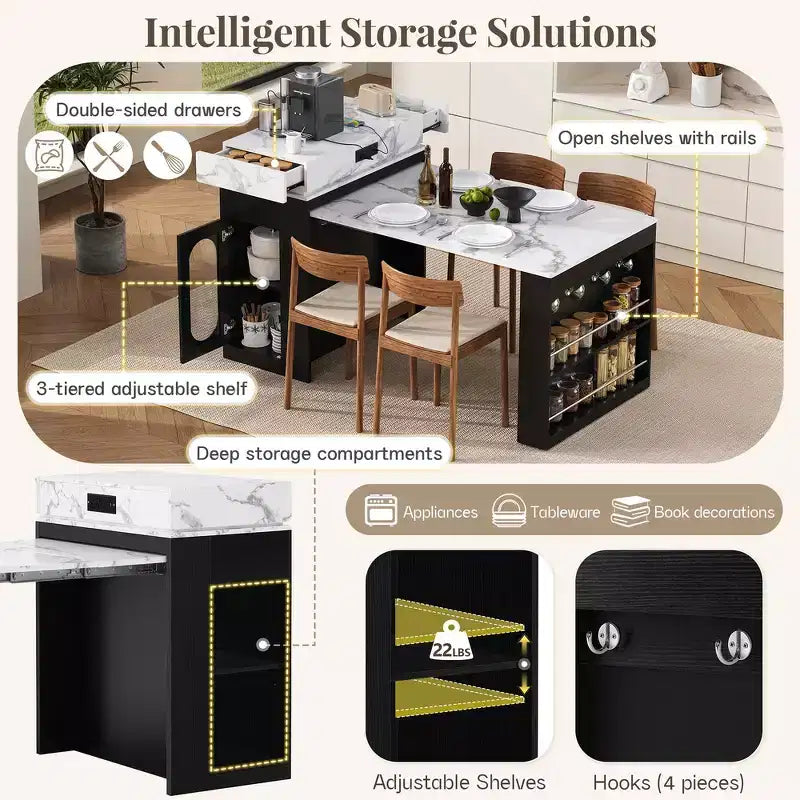 Whisen Extendable Dining Table, Mobile Rolling Island Table with 3 Removable Middle Leaves, Storage Cabinet