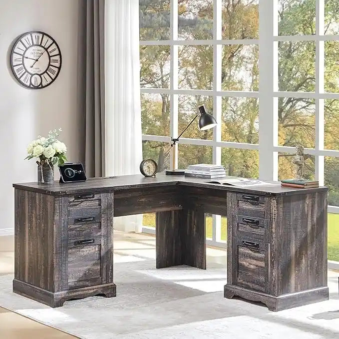 60 Farmhouse L Shaped Executive Desk, Wood Corner Desk, Computer Desk