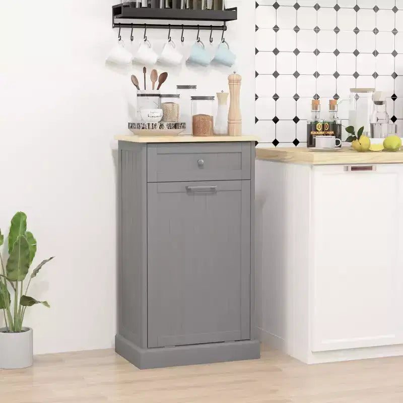 HOMCOM Kitchen Tilt Out Trash Bin Cabinet Free Standing Recycling Cabinet Trash Can Holder With Drawer
