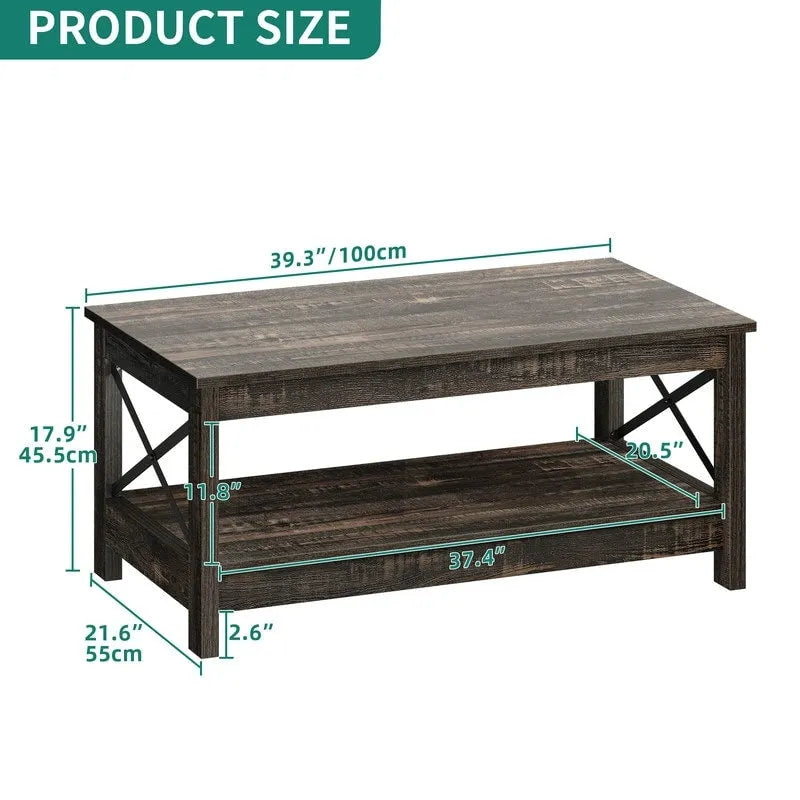 Farmhouse Wood Accent Coffee Table with Large Storage Shelf
