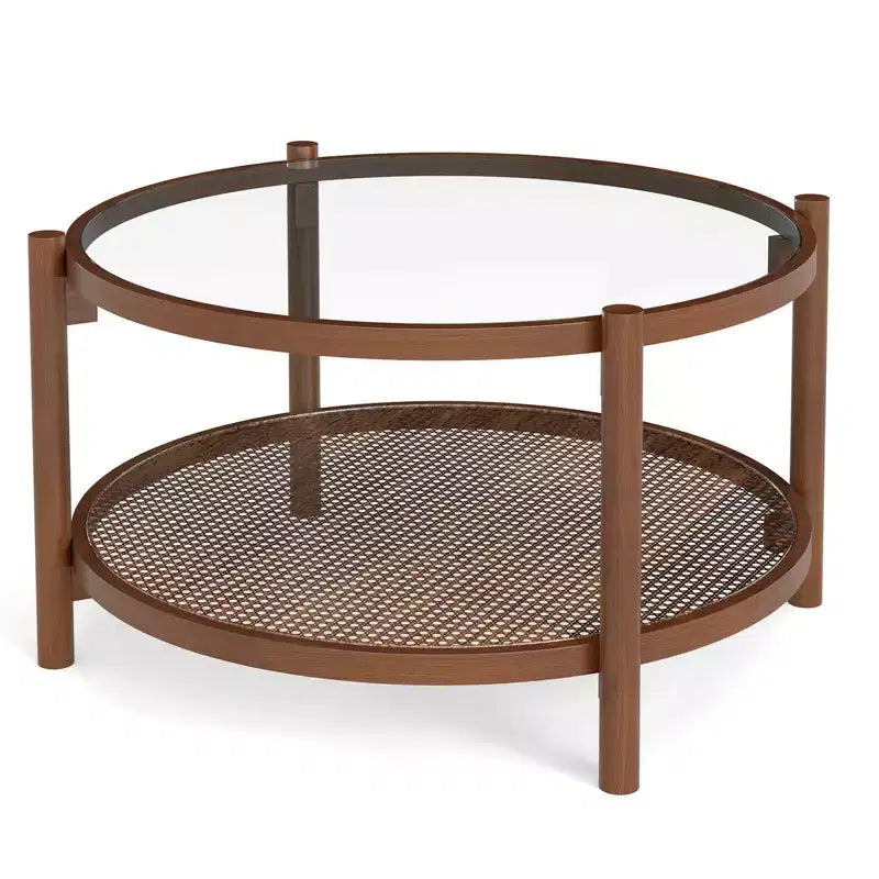 31 Round Coffee Table with Tempered Glass Top & Rattan Shelf