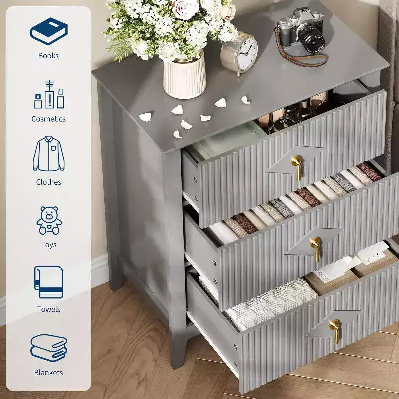 2Pcs Fluted Wood Nightstands, 27.5 Wide 3-Drawer Dresser Set, Modern Bedside Tables, Chest of Drawers for Bedroom, Living Room
