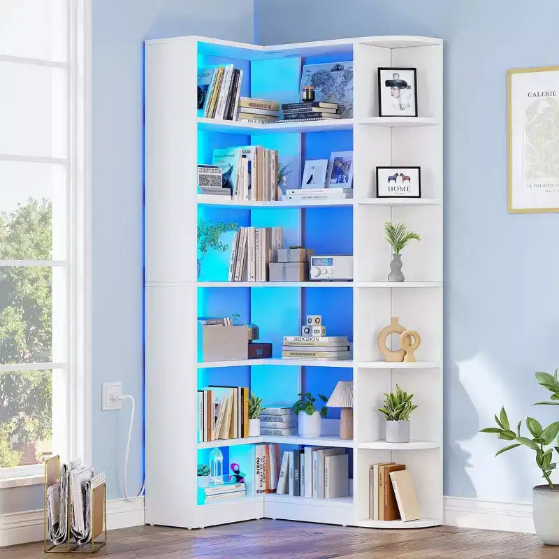 6 Tier Bookshelf with LED Light 70.8inch Modern Bookcase, L-Shaped Bookcase Corner shelf Storage Organizer Display Shelf