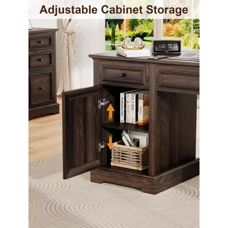 Dyonery 60 Farmhouse Executive Office Desk with Drawers and File Cabinet, Embossed Texture Wood Home Office Desk,Black/Brown/White and brown