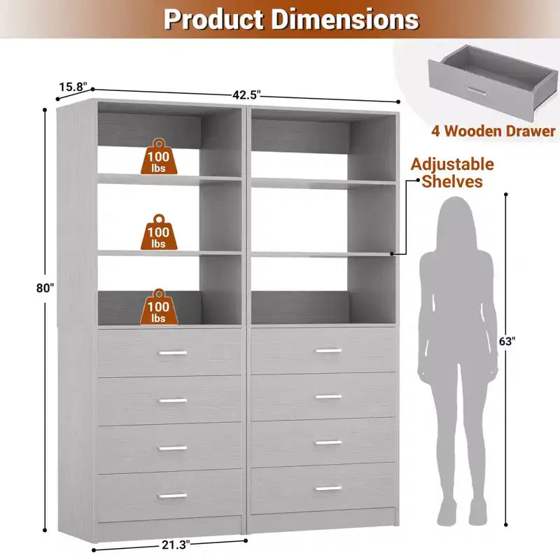 Closet Organizer System with Wood Drawers and Shelves