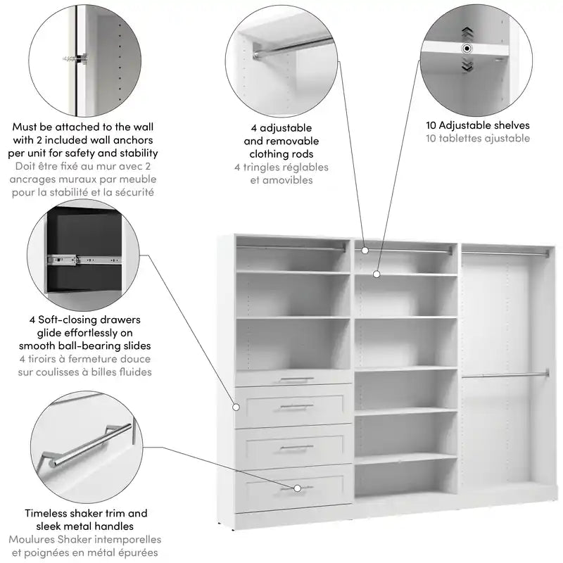 107 Modular Walk-In Closet System with Rods, Shelves and Drawers Shaker Style