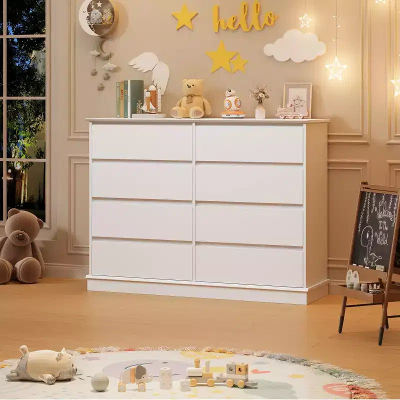 Modern Dresser for Bedroom with 8 Drawers, Wooden Storage Organizer Unit for Closet, Wide Chest of Drawers