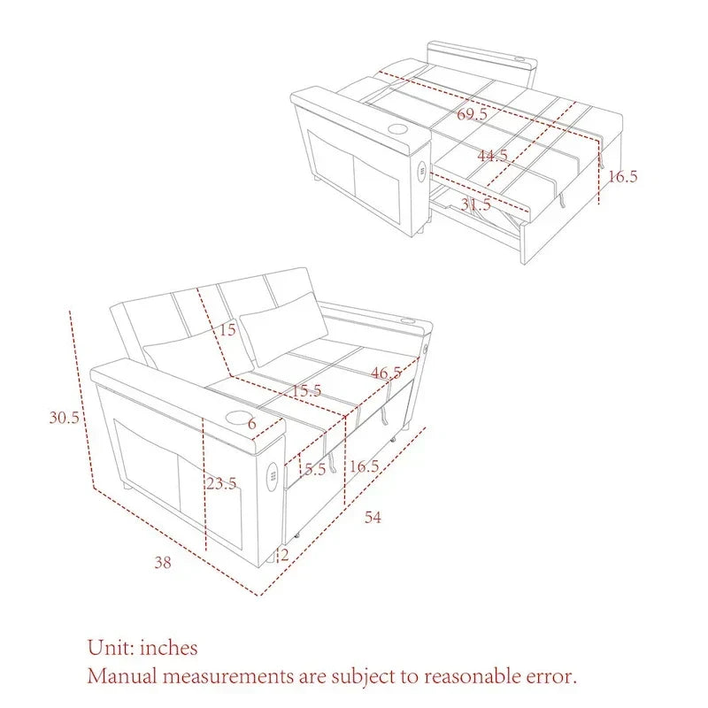 54 Pull-Out Sleeper Sofa Bed, 2 Seat Recliner Sofa Bed with Storage, Lumbar Pillow, USB Power Outlet