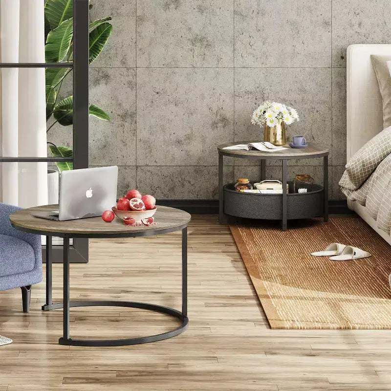 GALAXHERO Set of 2 Nesting Round Coffee Tables - 31.5 Center Tables with Storage & Metal Frame for Living Room/Apartment
