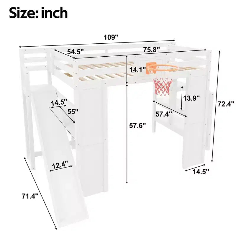 Luxystar Full Wooden Loft bed with Desk, Slide, Basketball hoop and Storage Staircase for Kids and Teens