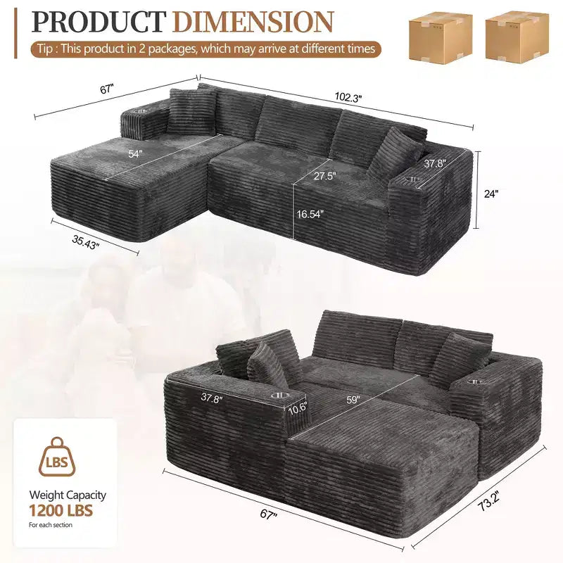 Celebalcony 103 Boneless Modular Sectional Sofa, L-Shaped Chaise with 2 Cup Holders, Plush Corduroy Cloud Couches for Living Room, No Assembly