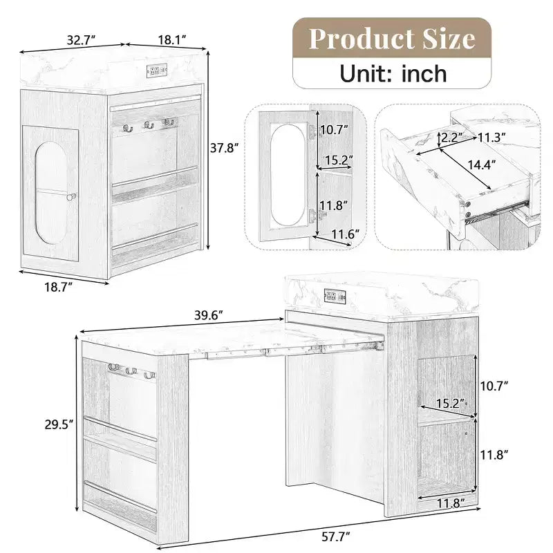 Whisen Extendable Dining Table, Mobile Rolling Island Table with 3 Removable Middle Leaves, Storage Cabinet