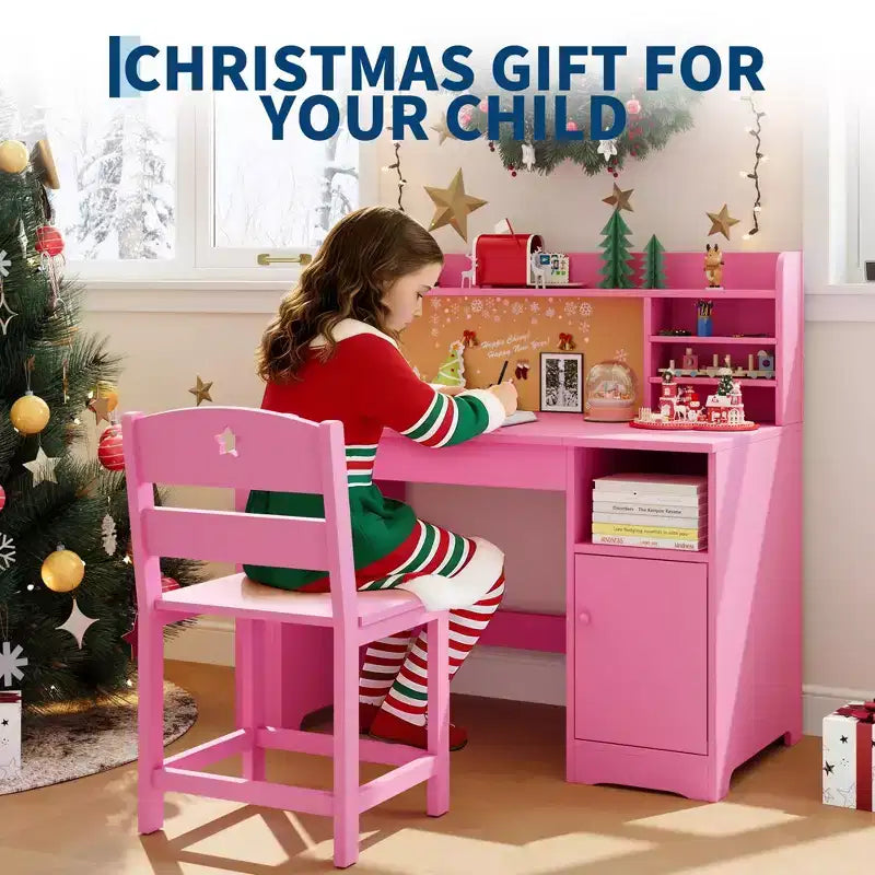 Kids Study Desk & Chair Set with Storage, Kids Study Desk with Hutch and Tiltable, for 3-8 Years Old, Student Writing Table for Bedroom