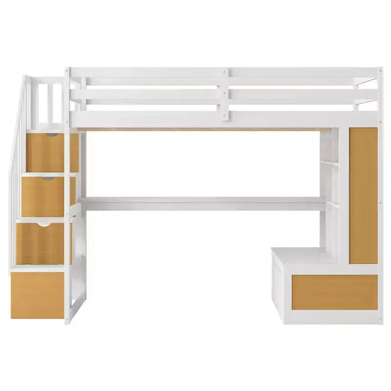 Full Size Loft Bed with Stairs and Desk, Wood Loft Beds Frame with Storage Drawers and Bookcase Shelves for Adults Teens Kids