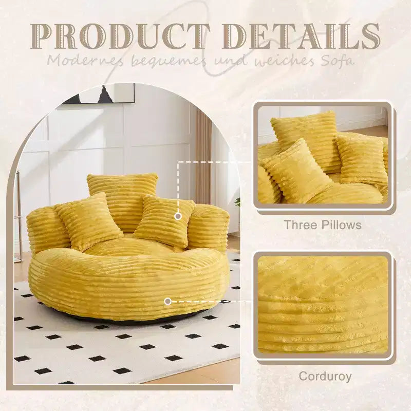 Bean Bag Sofa for Adults Kids, Oversized Corduroy Bean Bag Chair with 3 Pillows & Armrest for Living Room Bedroom