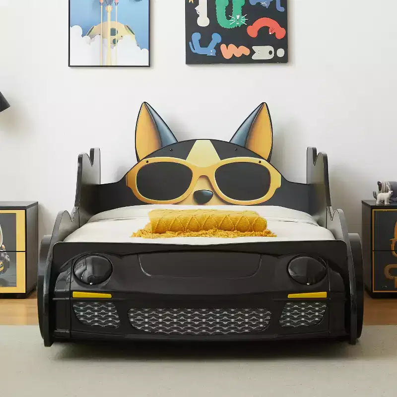 GDFStudio Fauna Twin Size Modern Cartoon Racing Car Bed with LED Headlights