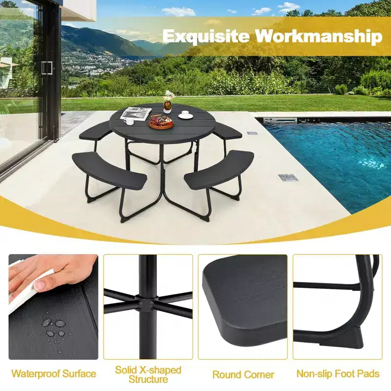 Costway Outdoor 8-person Round Picnic Table Bench Set with 4 Benches & Umbrella Hole Black/Grey/Green/White