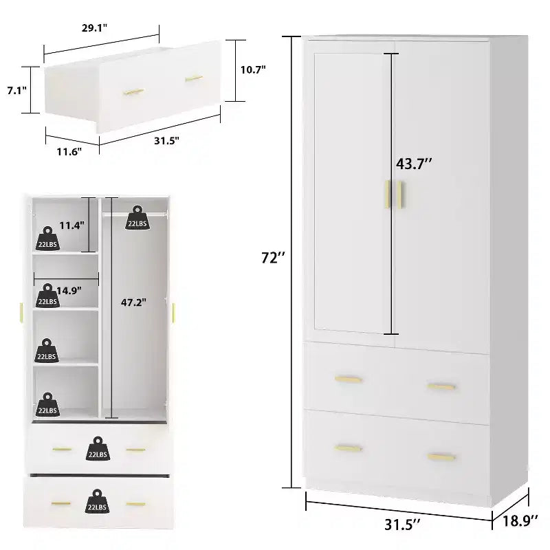 Hitow Armoire Double Drawer Mirrored Door Closet Zoned Storage