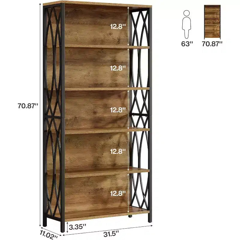 Lantine 70.87 Industrial Bookshelf, 6-Tier Bookcase with Geometric Metal Frame & Open Storage Shelves for Home Office, Living Room, Brown