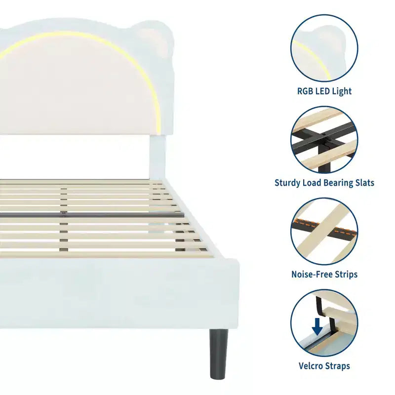 Cute Kids Bed Frame - Adjustable adorable bear design, suede upholstery, storage drawers, solid wood slats, quiet design, easy to assemble.
