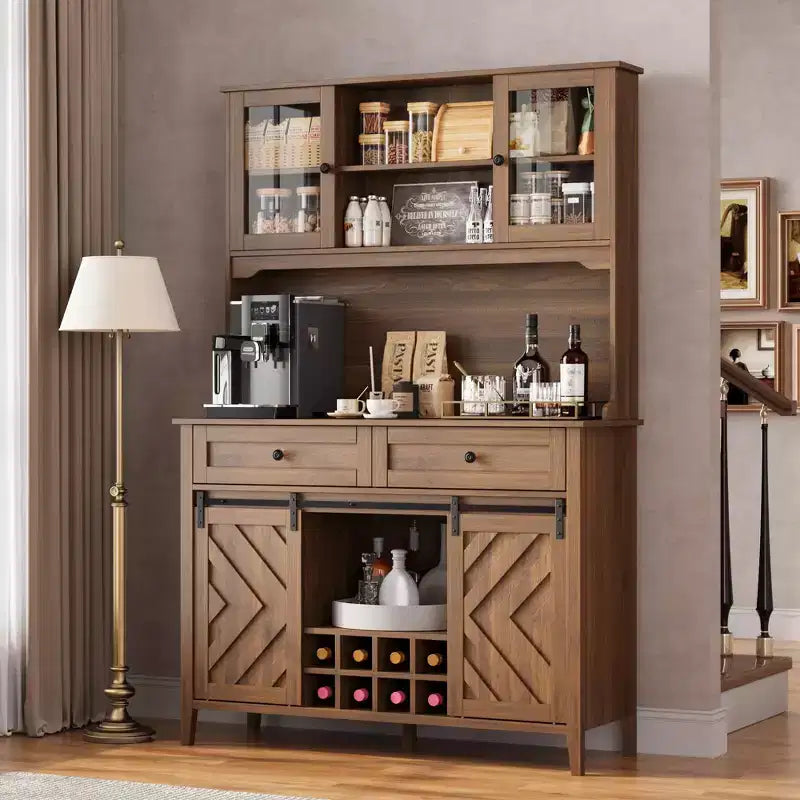 72 Farmhouse Bar Cabinet with Sliding Barn Door  Large Kitchen Buffet with Hutch, Charging Station, 2 Drawers & 8 Storage Shelves  Coffee