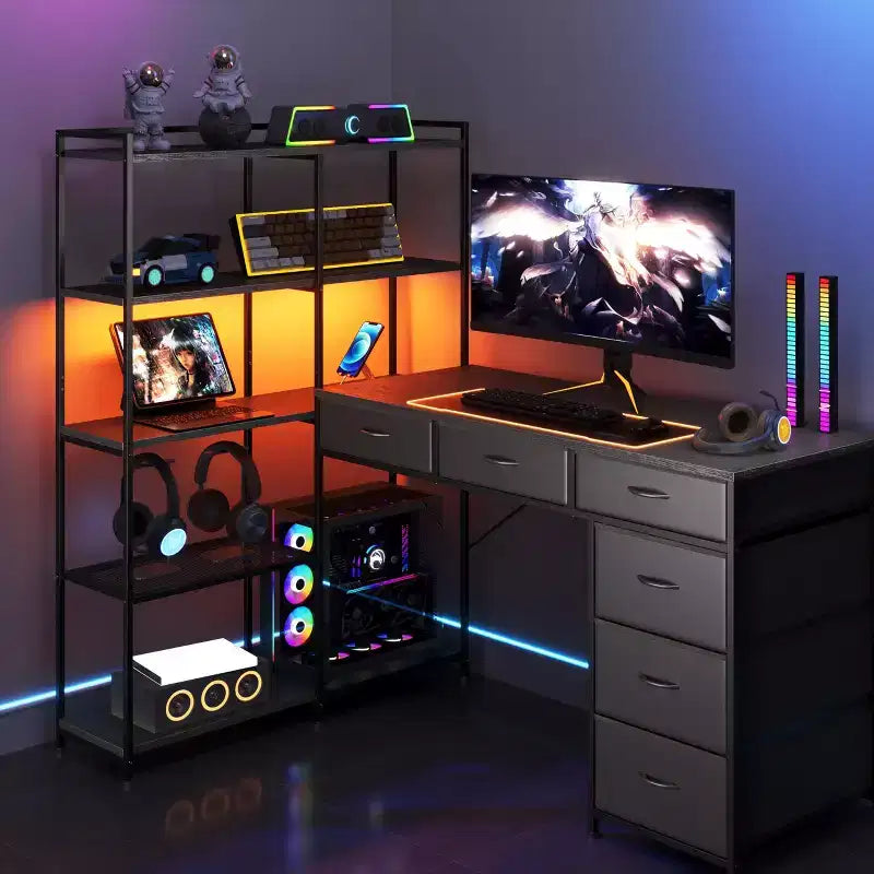 47 L-Shaped Computer Desk with 6 Drawers & 5-Tier Shelves, Reversible Corner Gaming Desk with LED Lights & Power Outlets