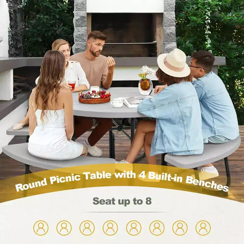 Costway Outdoor 8-person Round Picnic Table Bench Set with 4 Benches & Umbrella Hole Black/Grey/Green/White