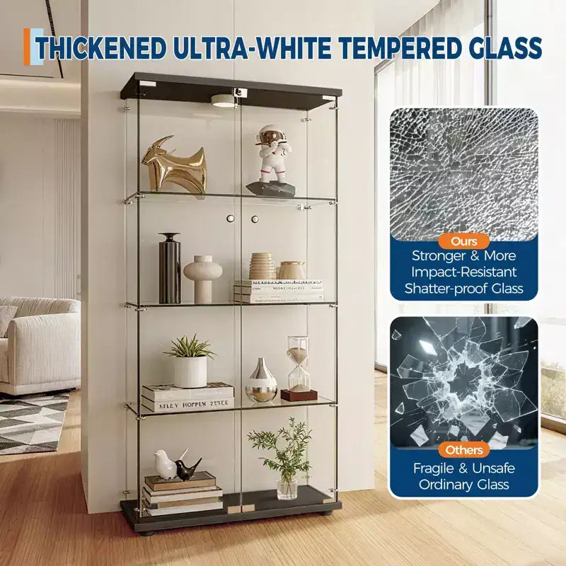4-Tier Tempered Glass Display Cabinet, Full-Glass Curio Case with LED Lights & Human Body Sensor, Storage Cabinet for Collectibles & Decor