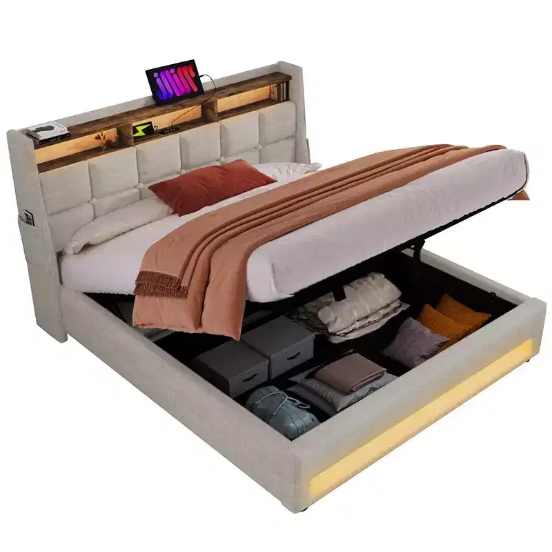 Queen Bed with Hydraulic Storage, LED, USB, Upholstered Headboard, No Box Spring, Easy Assembly