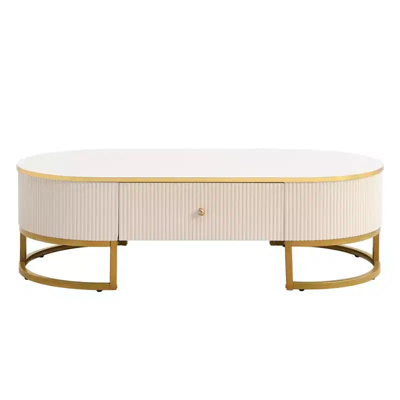 47W Modern Coffee Table Cocktail Table Center Table Accent Table with Drawers, Curved Profile Design, Gold Metal Leg, Oval, White+Gold-ModernLuxe